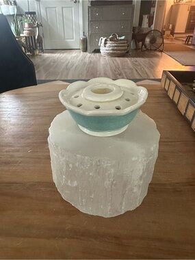 Vintage Holt-Howard Ceramic flower frog candle holder in Seafoam Green and White